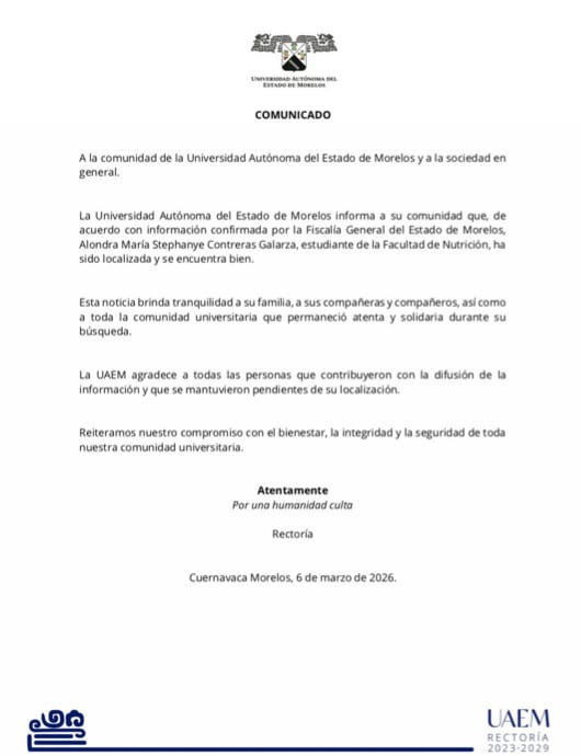 UAEM confirma localización de Stephanye Contreras