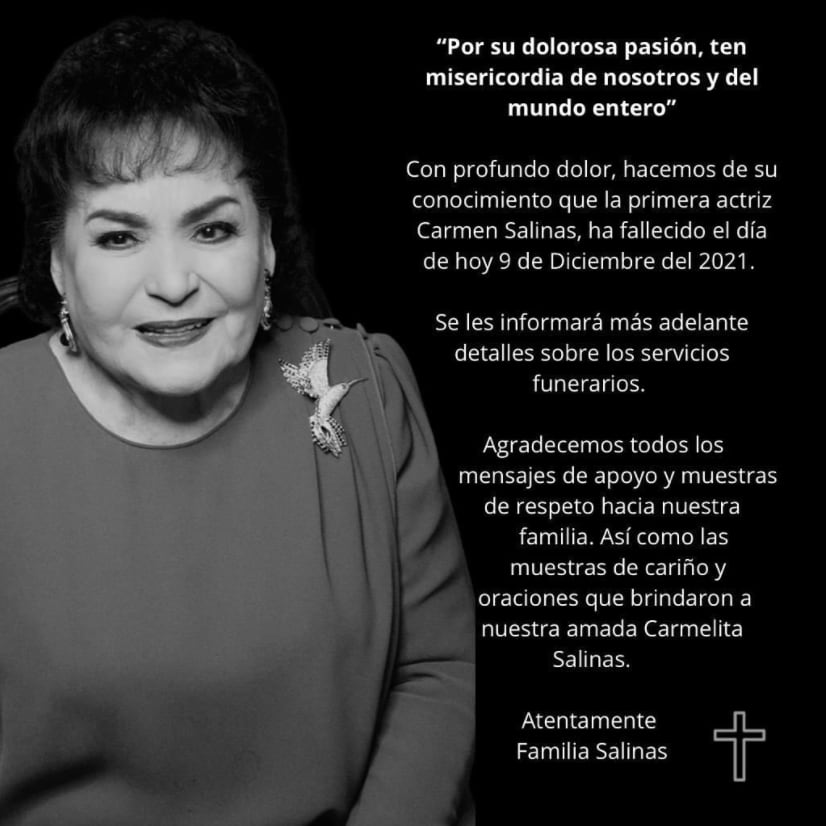 Comunicado muerte de Carmen Salinas