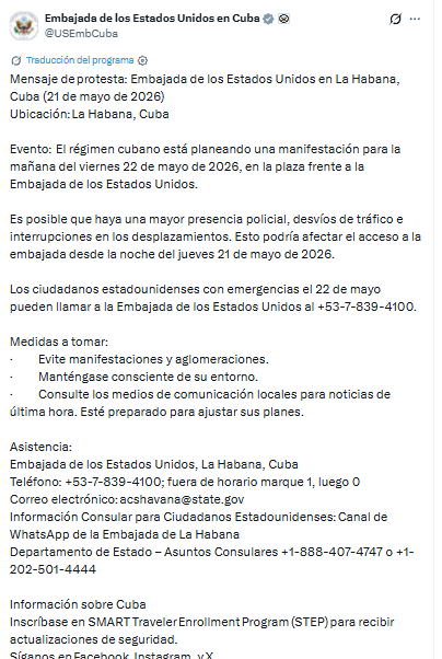 Embajada de EU en Cuba advierte a ciudadanos por protestas ligadas a Raúl Castro