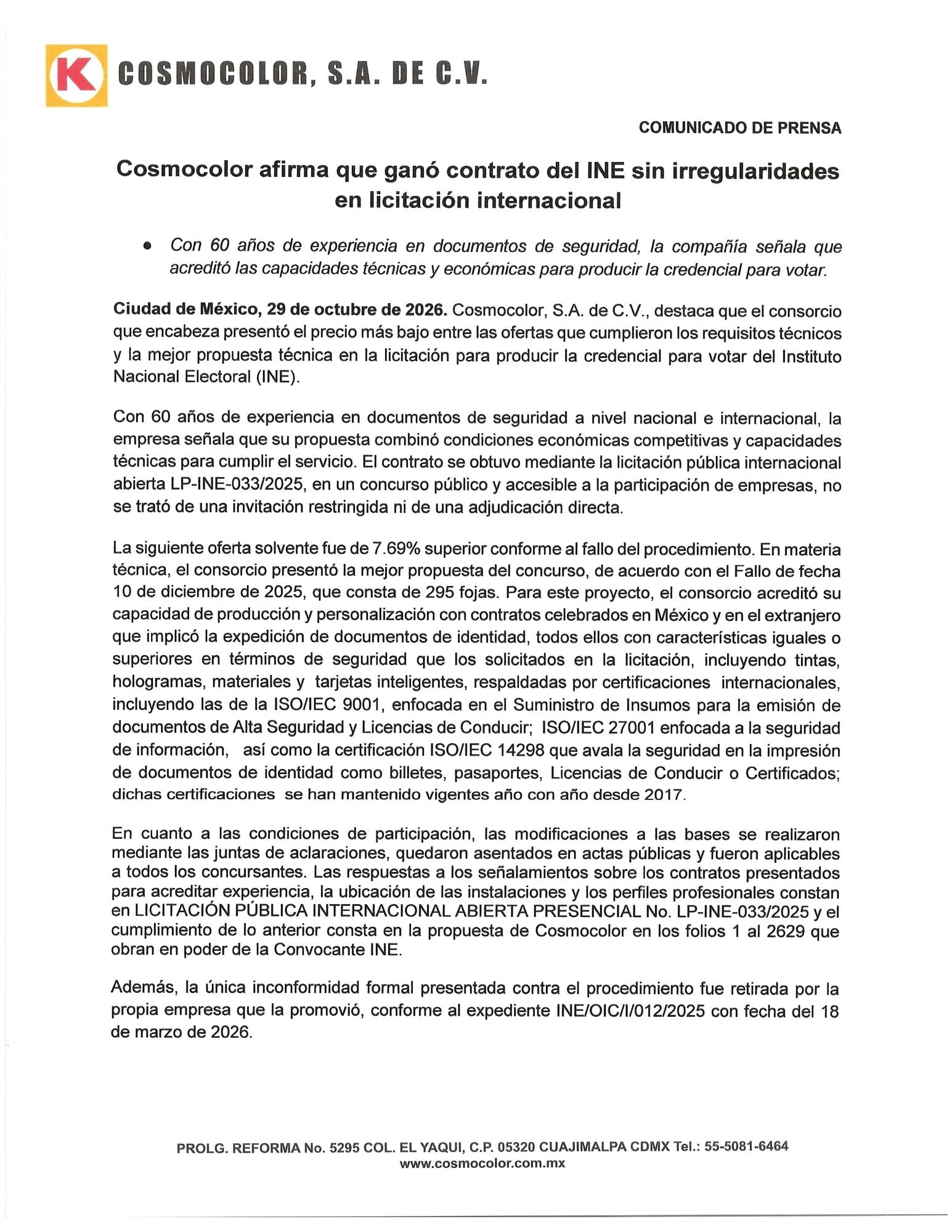 Cosmocolor pide a la ASF investigar contrato de credenciales del INE