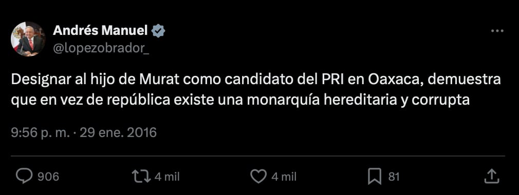 Reviven tuit de AMLO contra candidatura de Alejandro Murat en Oaxaca