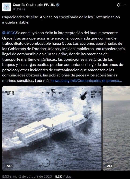 Guardia Costera de Estados Unidos intercepta al buque Grace con combustible rumbo a Cuba