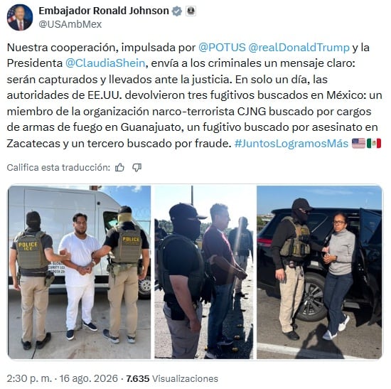 Estados Unidos entrega tres fugitivos buscados en México, incluido un miembro del CJNG