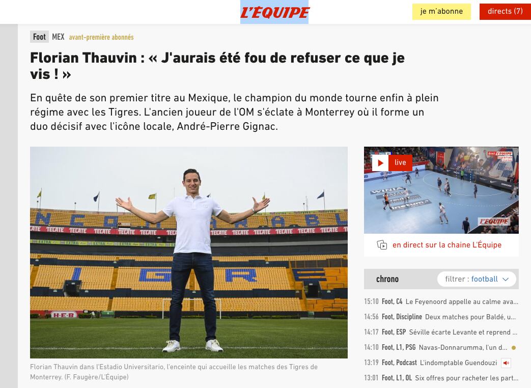 Florian Thauvin, feliz en Monterrey