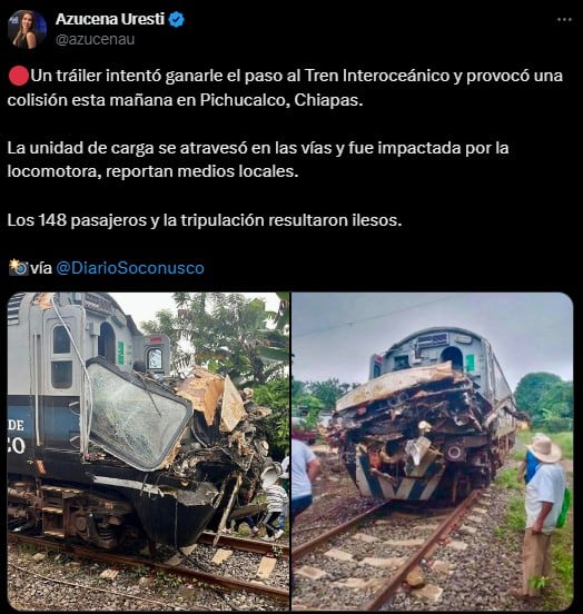 Tráiler se impacta con el Tren Interoceánico en Chiapas