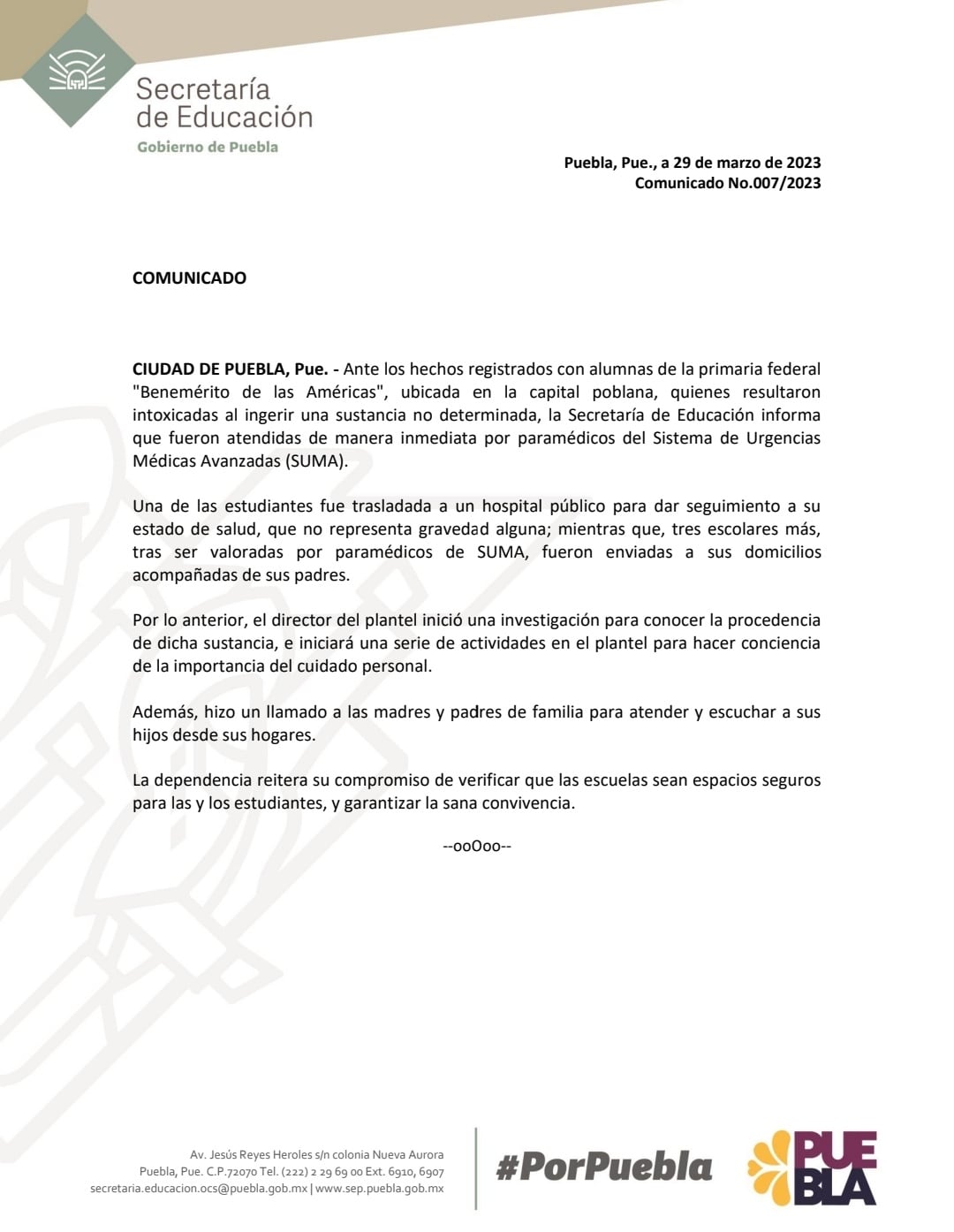 En el comunicado, la Secretaría de Educación habla sobre el estado de salud de los estudiantes.