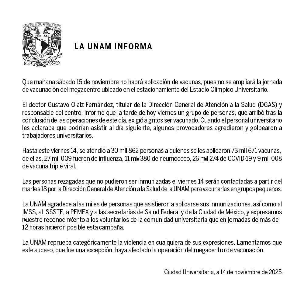 UNAM cancela la jornada de vacunación para el 15 de noviembre.