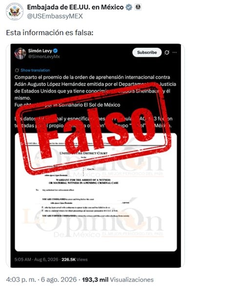 Embajada de Estados Unidos desmiente versión de Simón Levy sobre Adán Augusto López