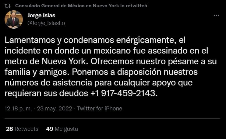 Cónsul general de México en Nueva York condena incidente de metro de Nueva York