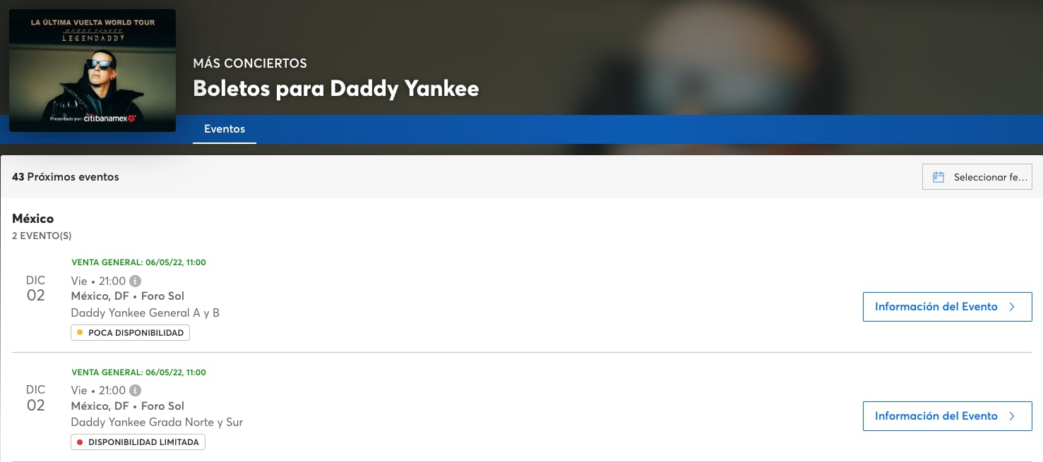 Boletos para el concierto de Daddy Yankee en CDMX