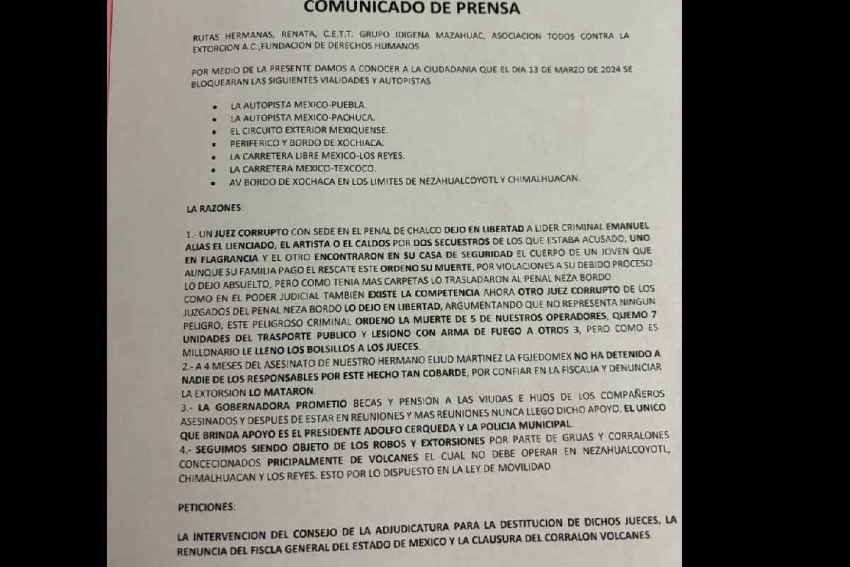 Comunicado donde transportistas de la Ruta 42 informan de los bloqueos el 13 de marzo de 2024