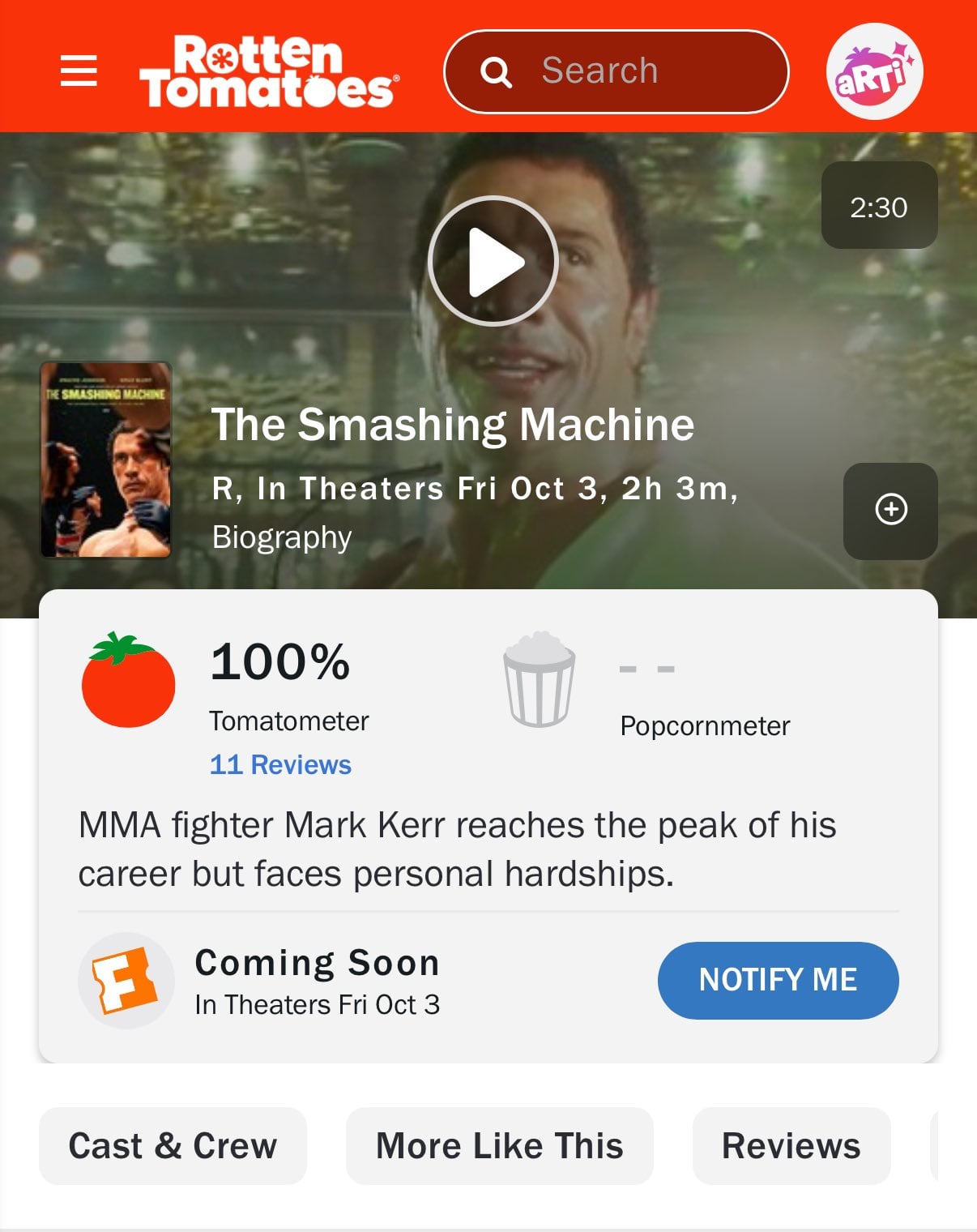 Debut de The Smashing Machine con Dwayne Johnson, la Roca en Rotten Tomatoes