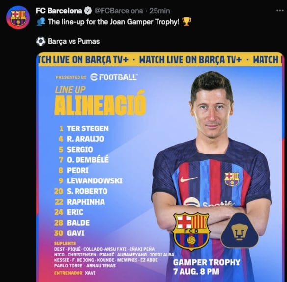 Alineación FC Barcelona vs Club Pumas