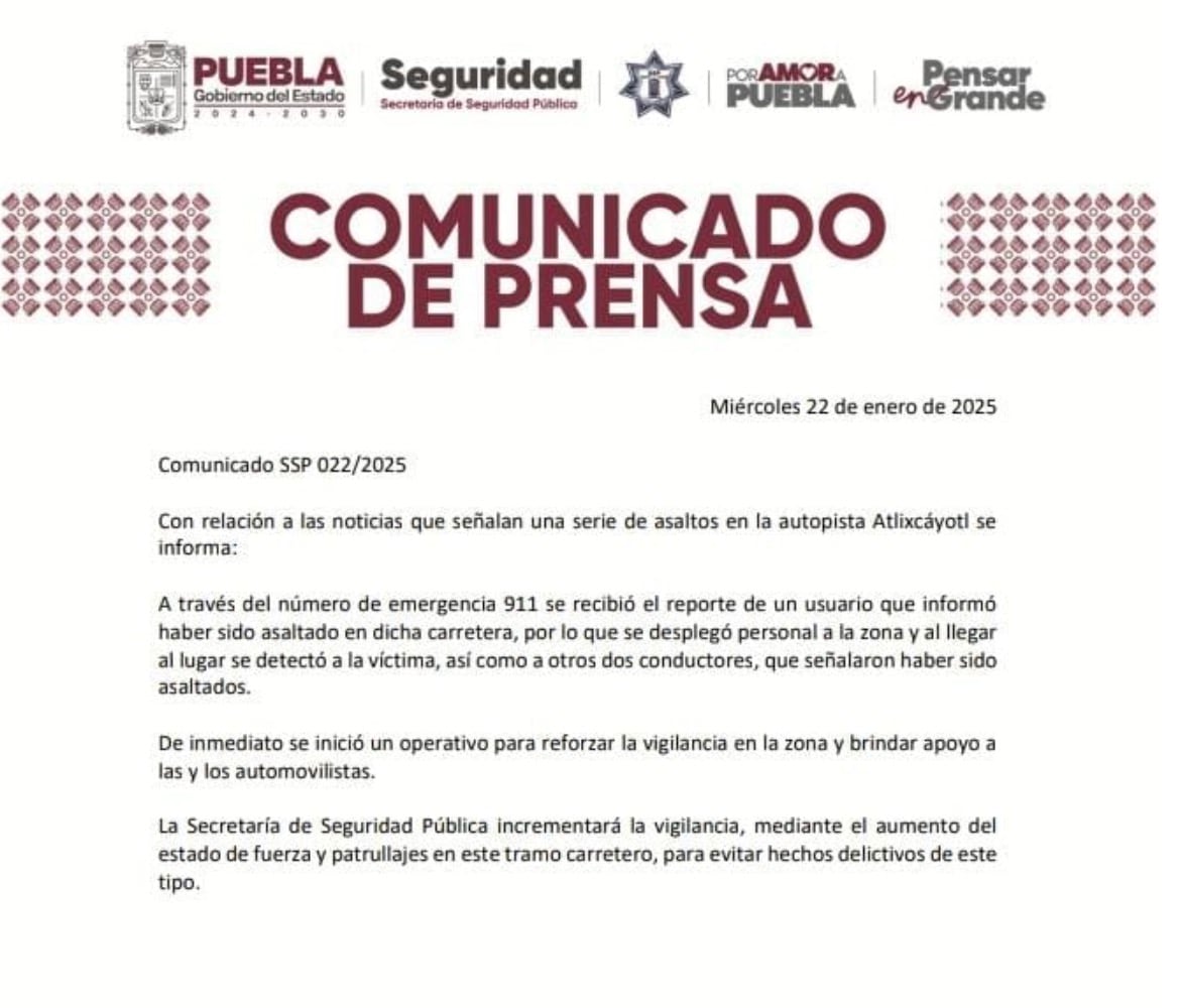 Comunicado de la SSP de Puebla sobre el asalto masivo en la Autopista Atlixcáyotl