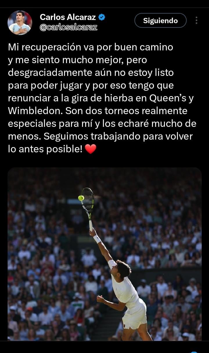 Carlos Alcaraz anuncia su retiro de Queen’s y Wimbledon