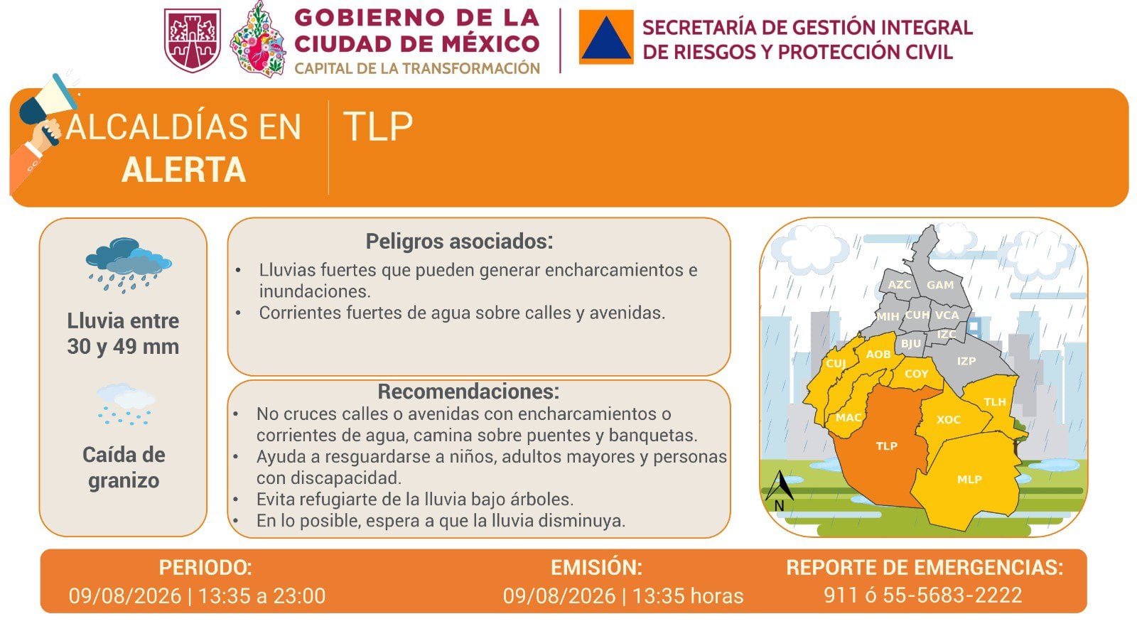 SGIRPC informa sobre lluvia en la CDMX.