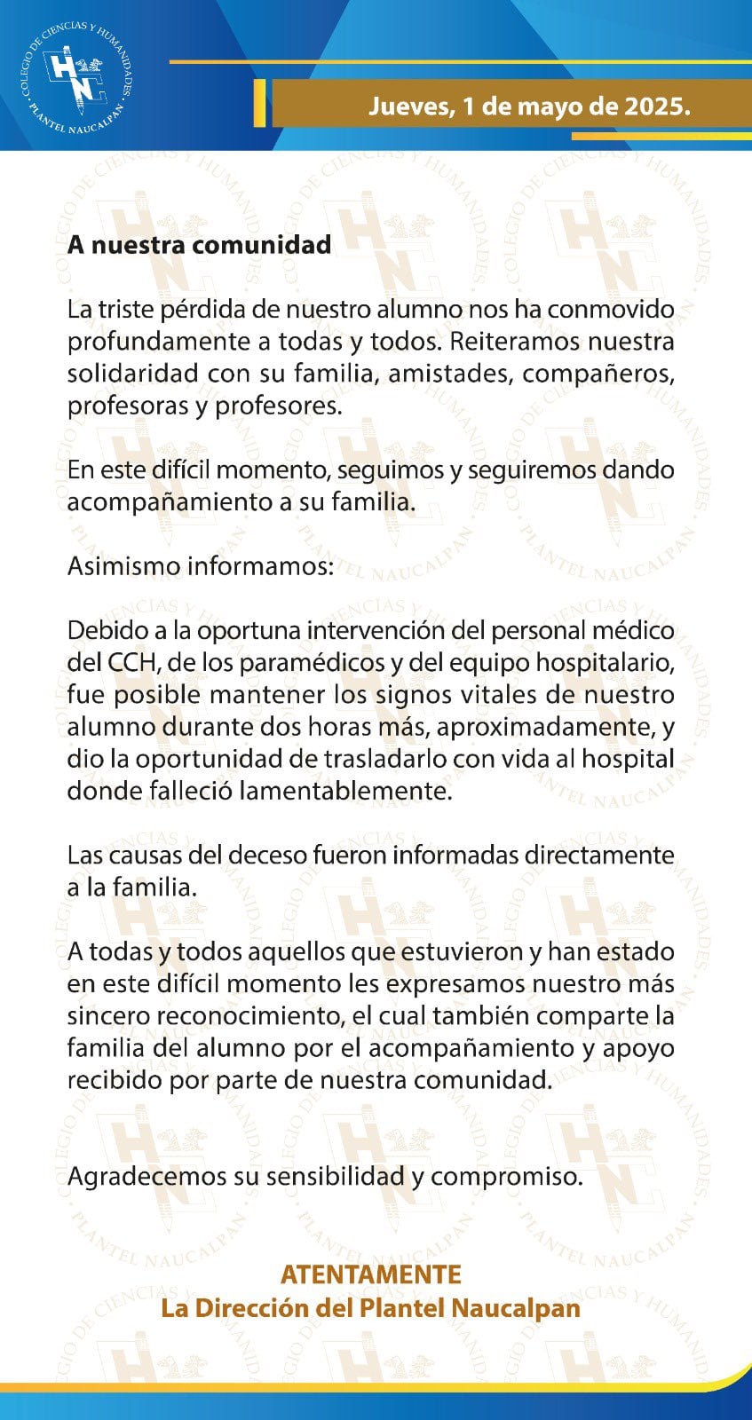 Muere estudiante César Emiliano Hernández Dávalos del CCH Naucalpan de la UNAM tras desmayarse durante concierto