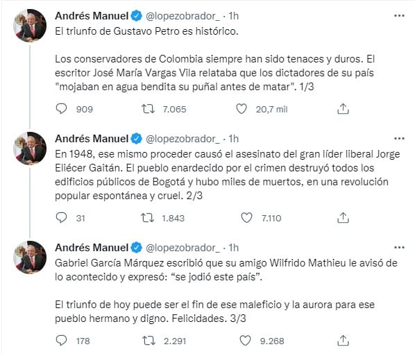 AMLO celebra victoria de Gustavo Petro, primer presidente de izquierda en Colombia