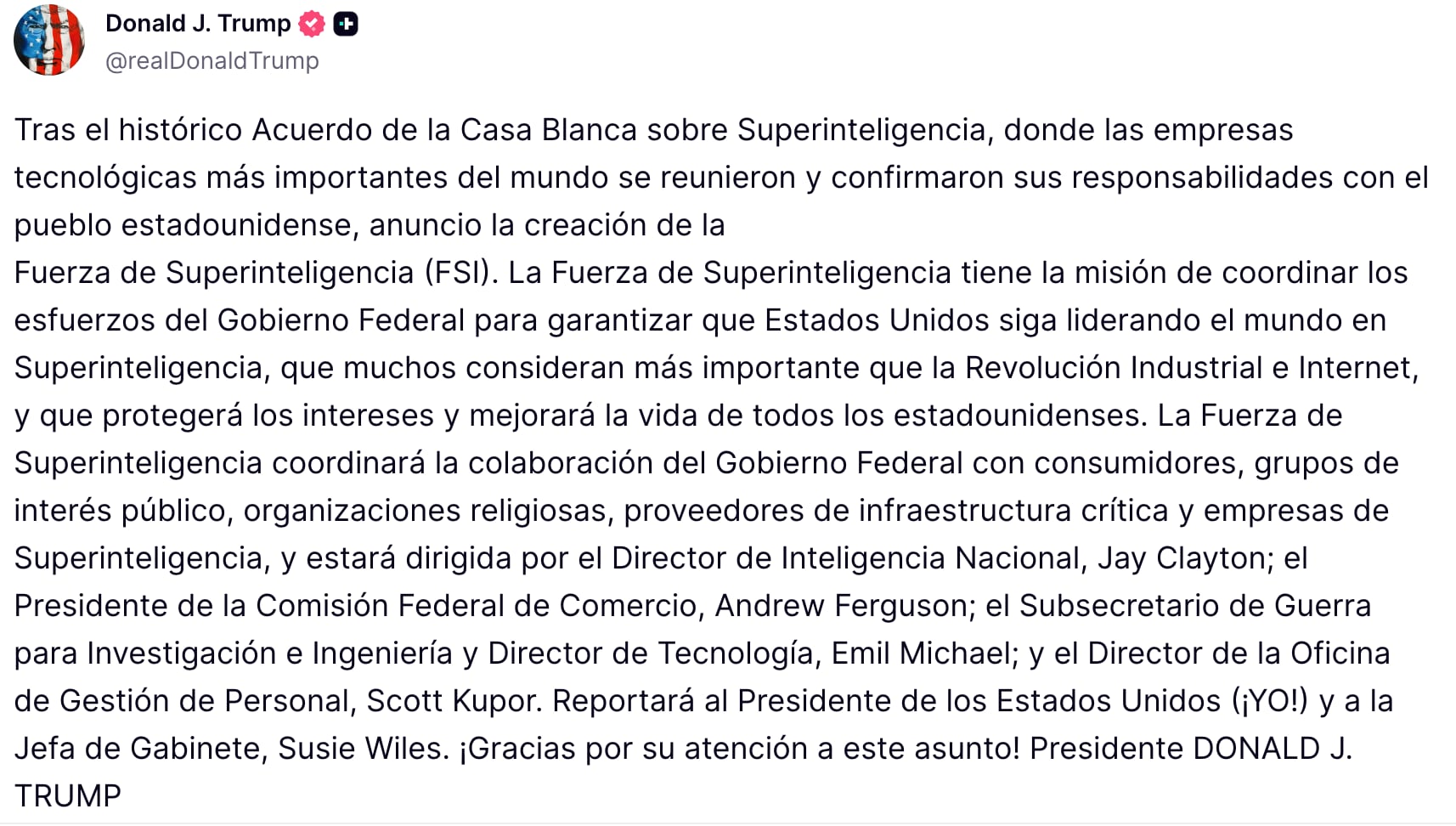 Donald Trump anuncia la creación de la Fuerza de Superinteligencia para que Estados Unidos lidere la IA