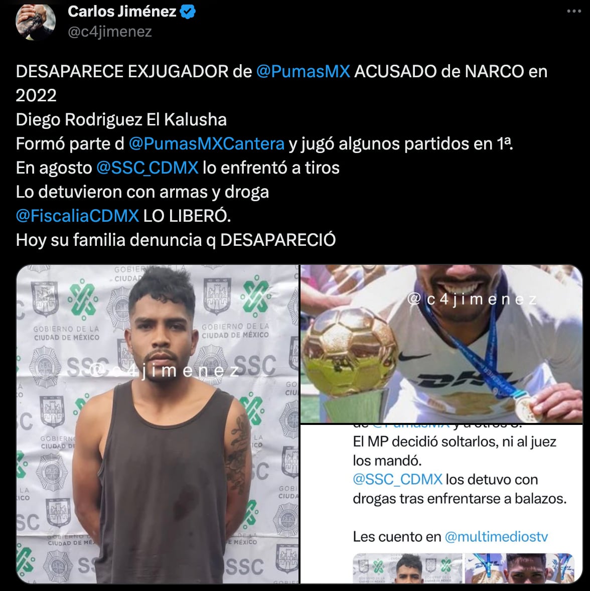 Diego Rodríguez 'El Kalusha' se encuentra desaparecido