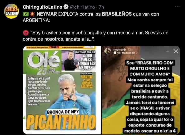 Neymar explota contra brasileños que apoyan a Argentina