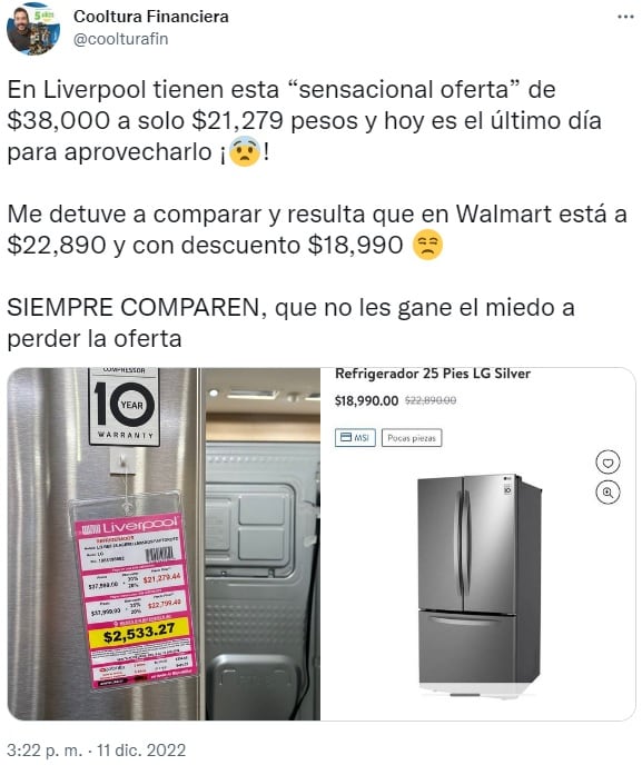 Exhiben 'oferta' de refrigerador de Liverpool en Twitter