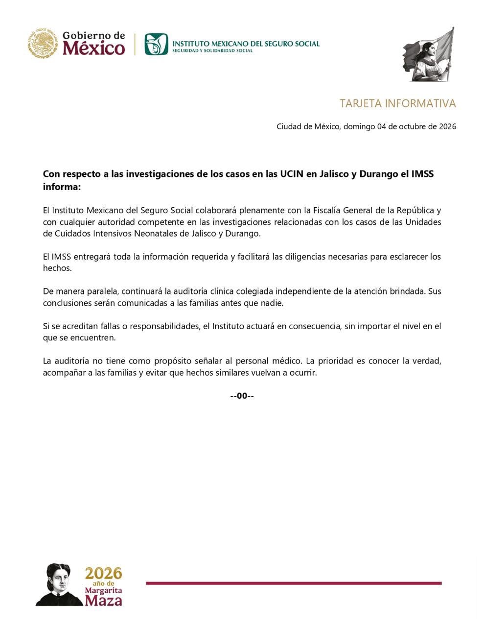 IMSS se compromete a colaborar con las autoridades para deslindar responsabilidades por los casos de bebés fallecidos en Jalisco y Durango