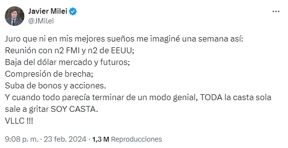 Tuit de Javier Milei hablando de encuentro con funcionaria del FMI