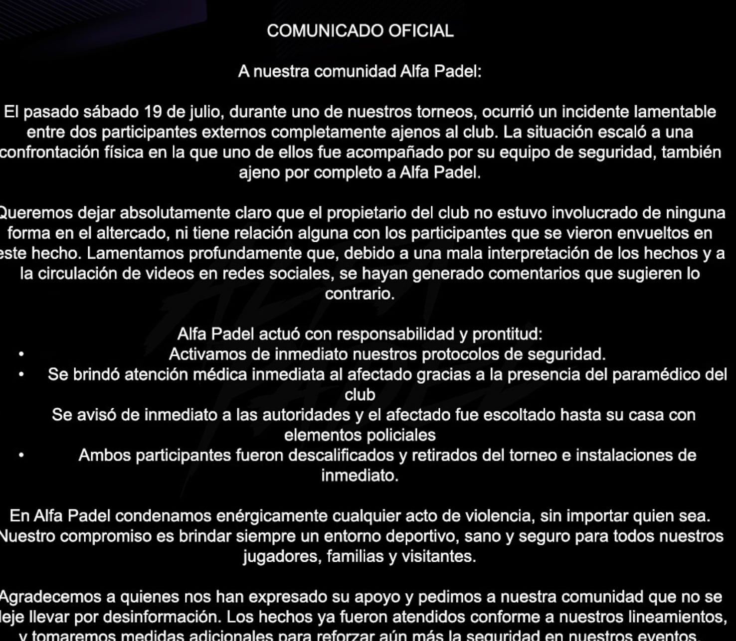 Comunicado de Alfa Padel sobre agresión en Atizapán