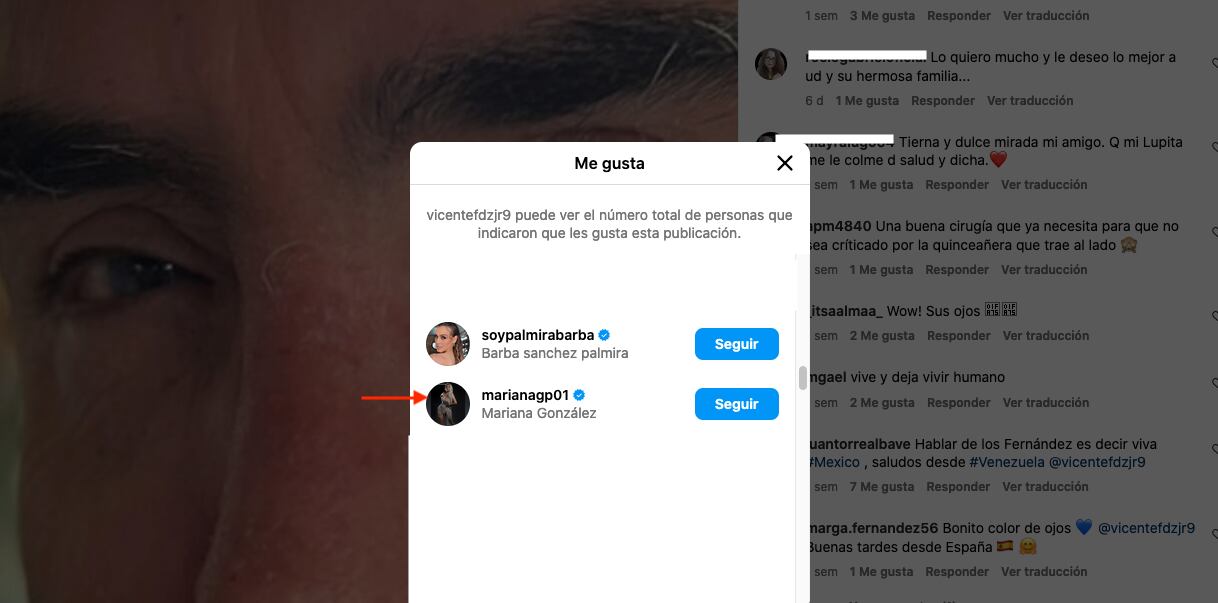 Vicente Fernández Jr. se comparte con ojos azules, pero tiene la aprobación de Mariana González con un like.