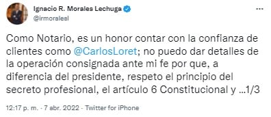 Tuit del notario de Carlos Loret de Mola