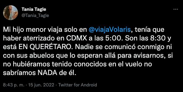 Tuit de mamá de menor de edad que viajó solo en Volaris