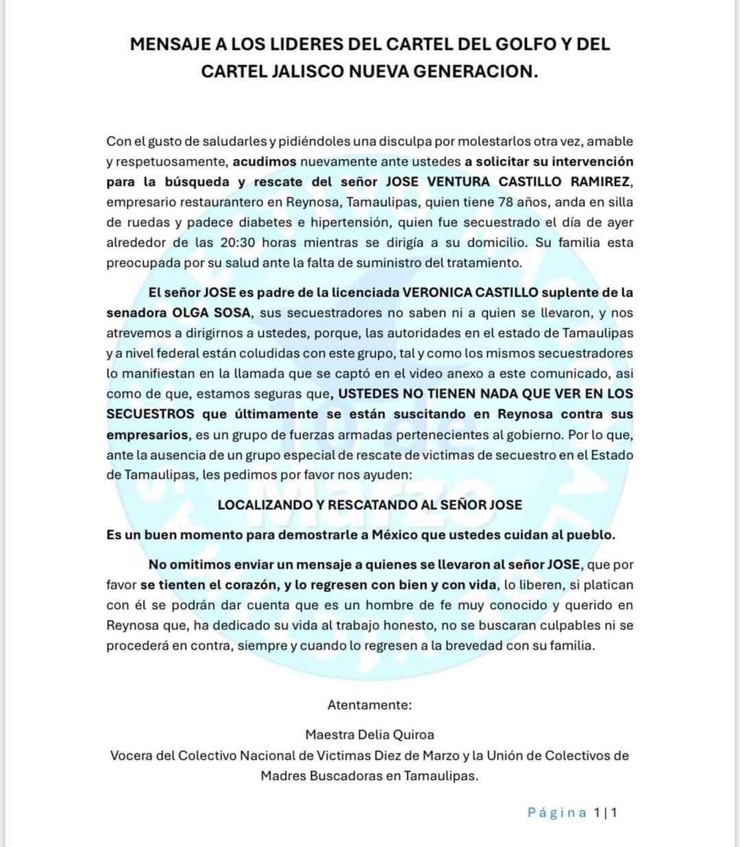 Colectivo de búsqueda pide ayuda al Cártel del Golfo y CJNG para localizar a José Ventura Castillo