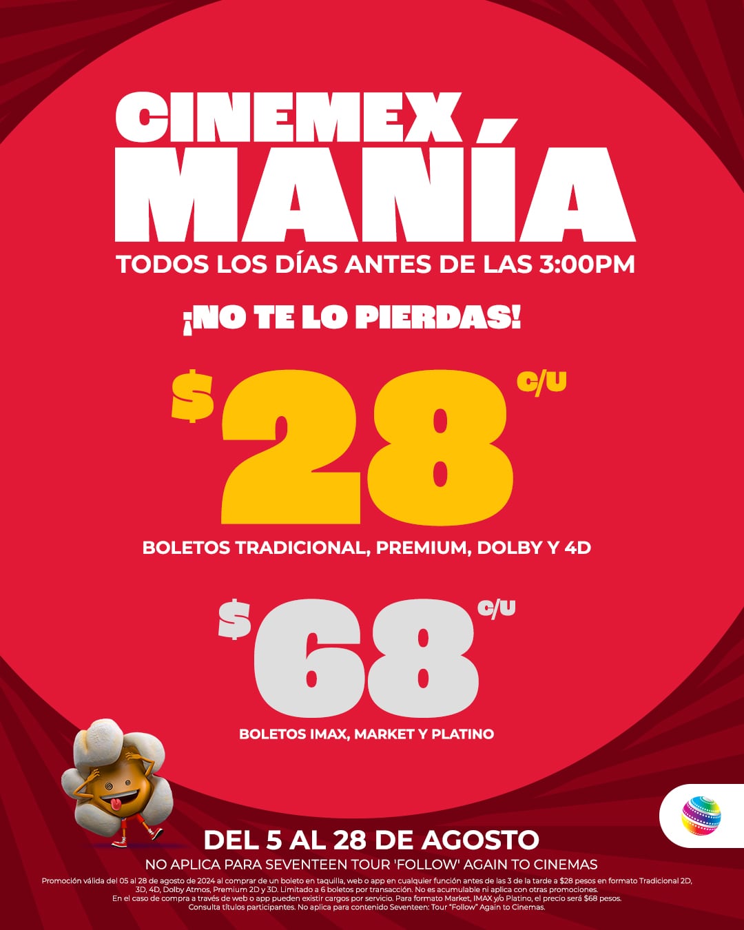 Boletos Cinemex a 28 pesos
