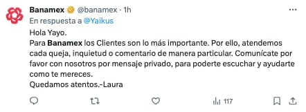 Banamex responde a usuario que se queja del servicio