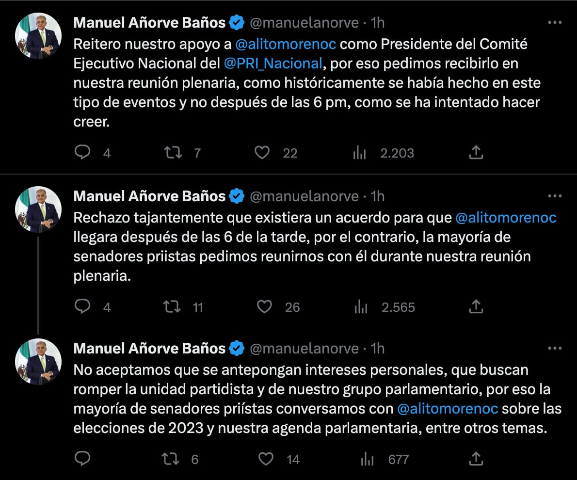 Manuel Añorve respalda a Alejandro Moreno; aclara que fue invitado a la plenaria de senadores del PRI