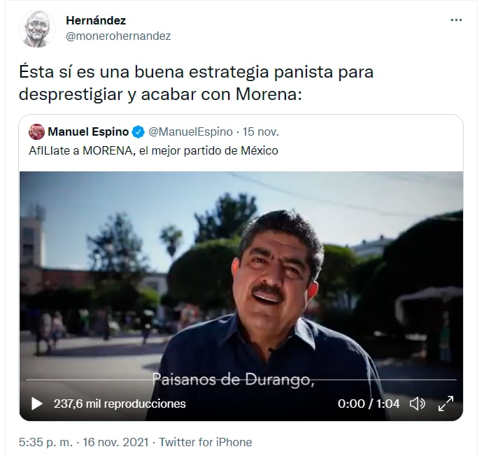 Tuit de burla del monero Hernández a Manuel Espino/ @monerohernandez