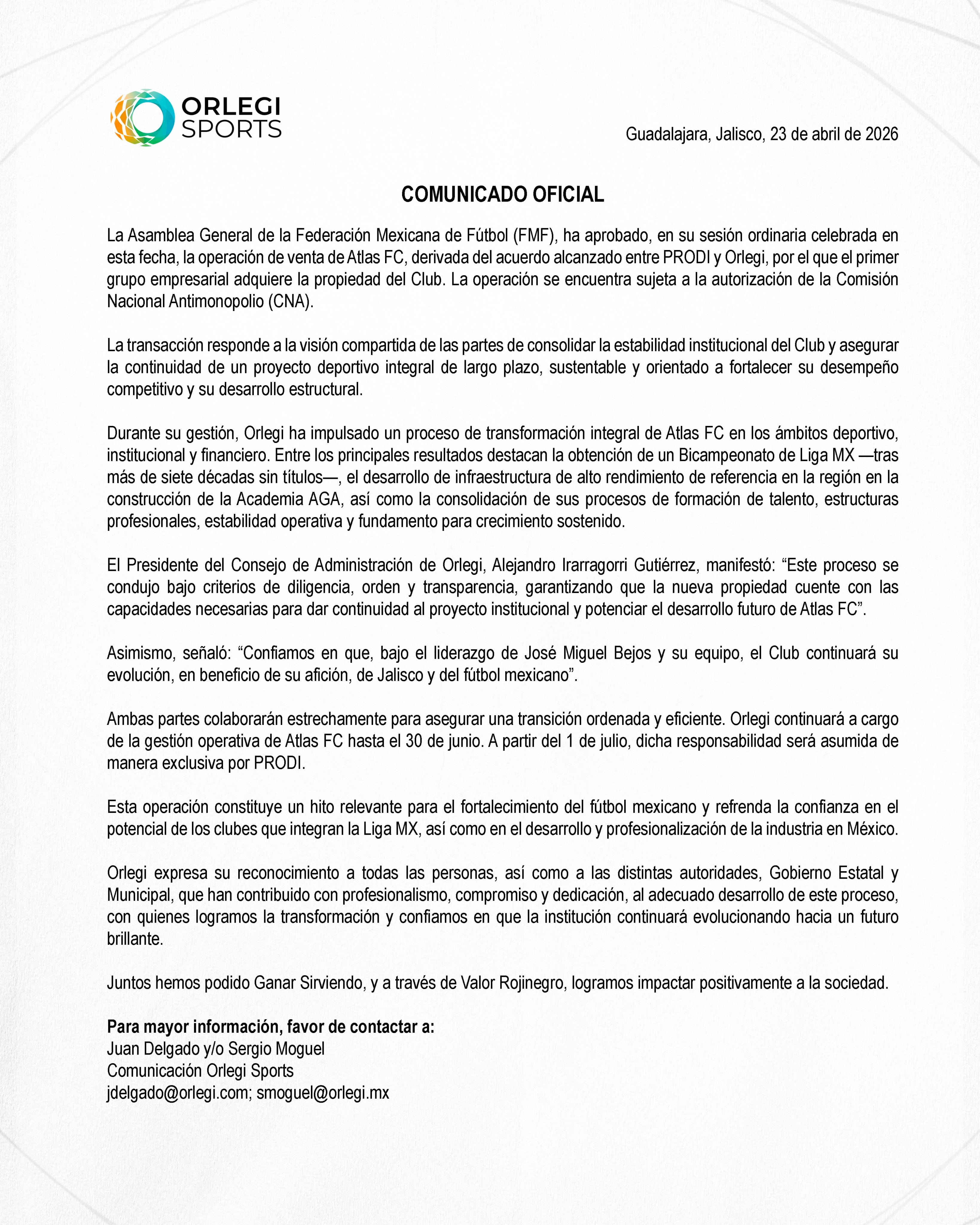 Comunicado venta de Atlas