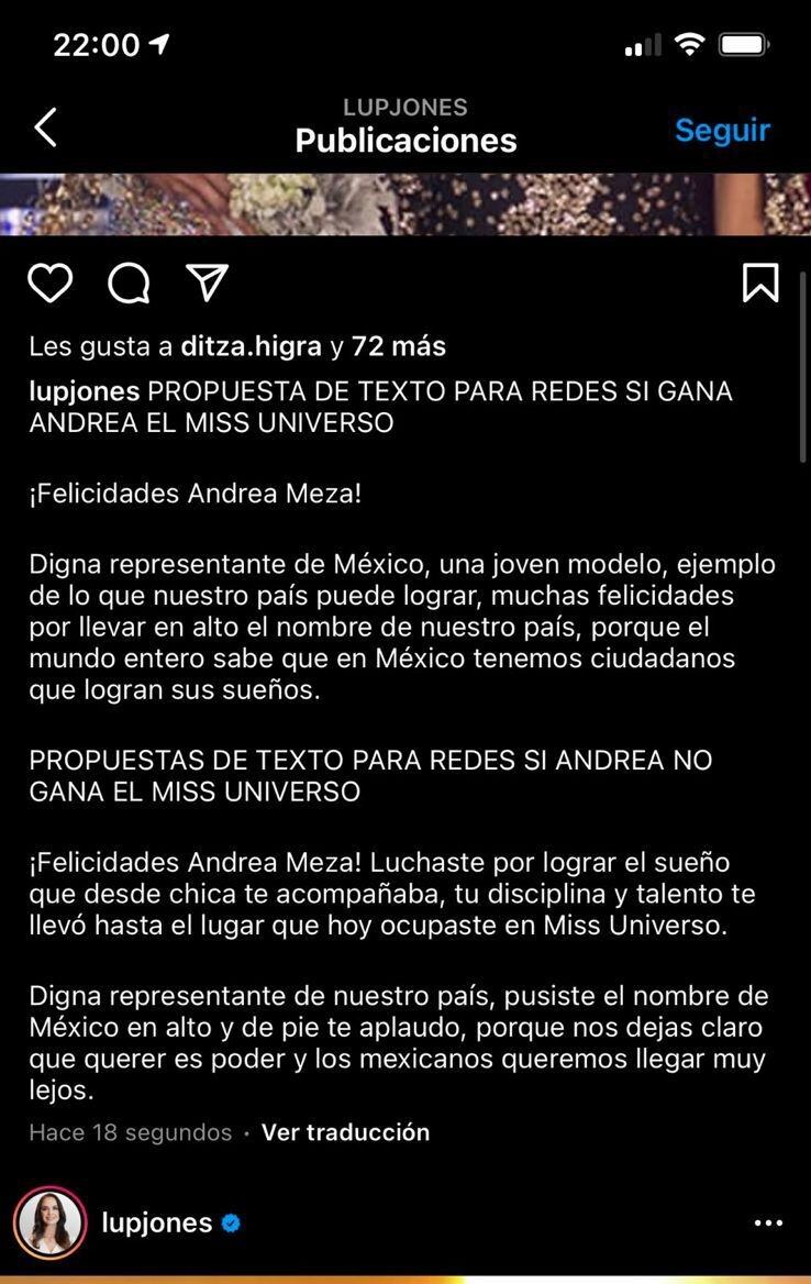 Publicación de Lupita Jones en Instagram