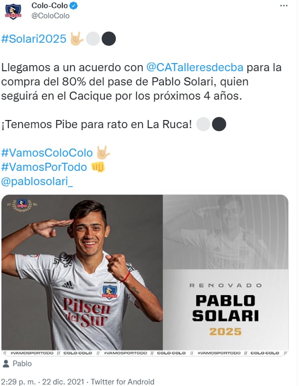 Colo-Colo anuncia renovación de Pablo Solari