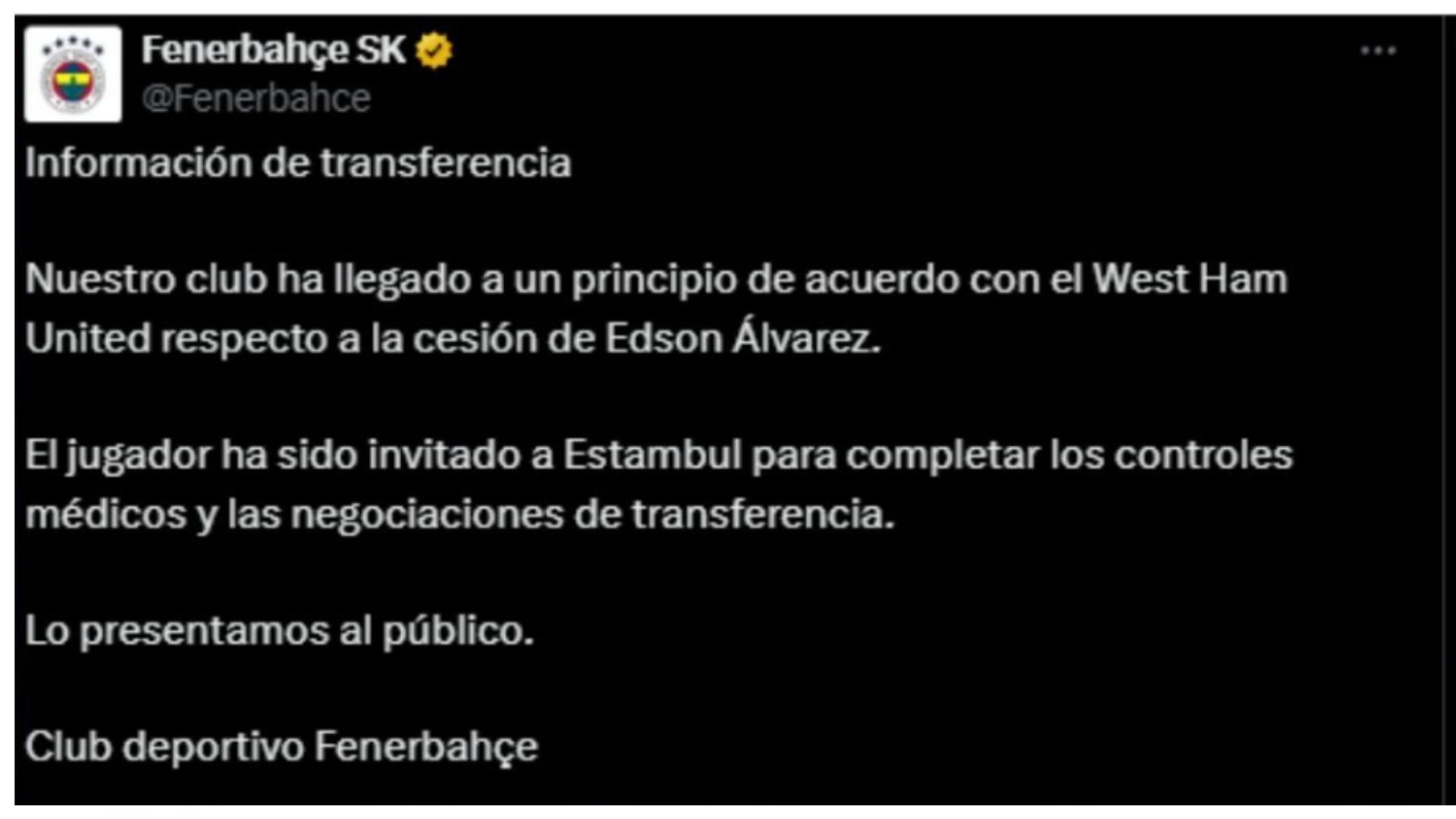 Fenerbahce anunció el acuerdo por Edson Álvarez.