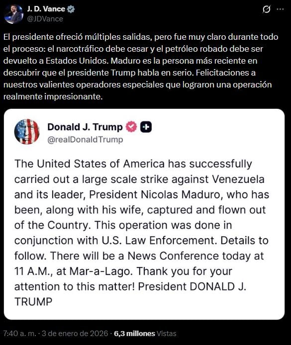 JD Vance sobre captura de Maduro