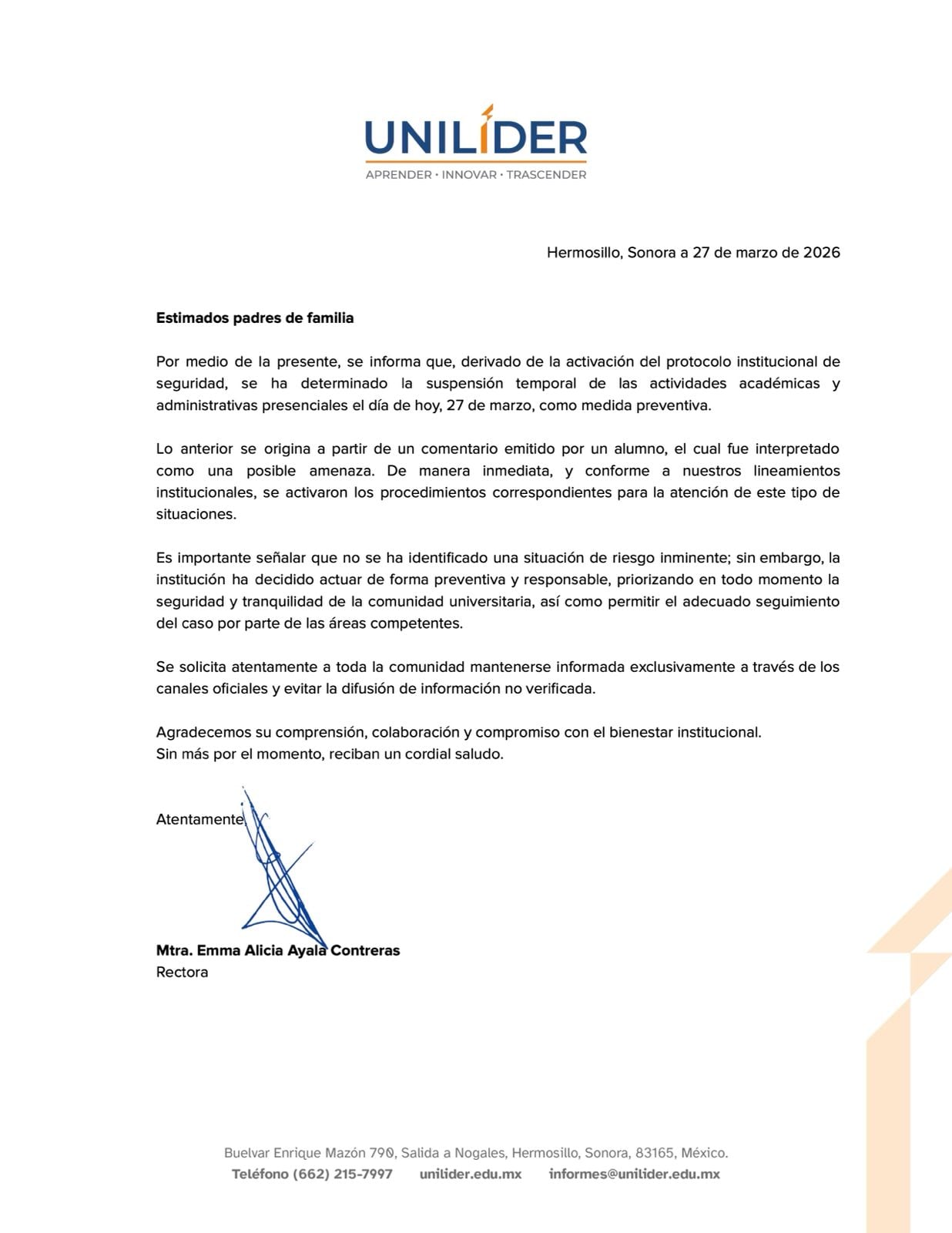 Universidad Unilíder de Hermosillo suspende clases por amenaza