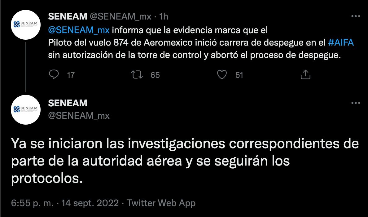 Piloto de Aeroméxico que causó incidente en el AIFA despegó sin autorización: Seneam