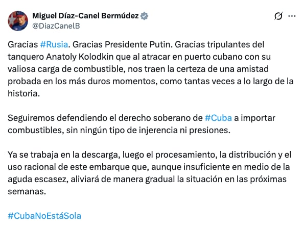 Díaz-Canel agradece a Rusia