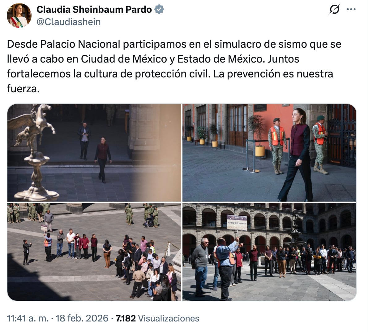 Claudia Sheinbaum encabeza simulacro de este 18 de febrero en Palacio Nacional