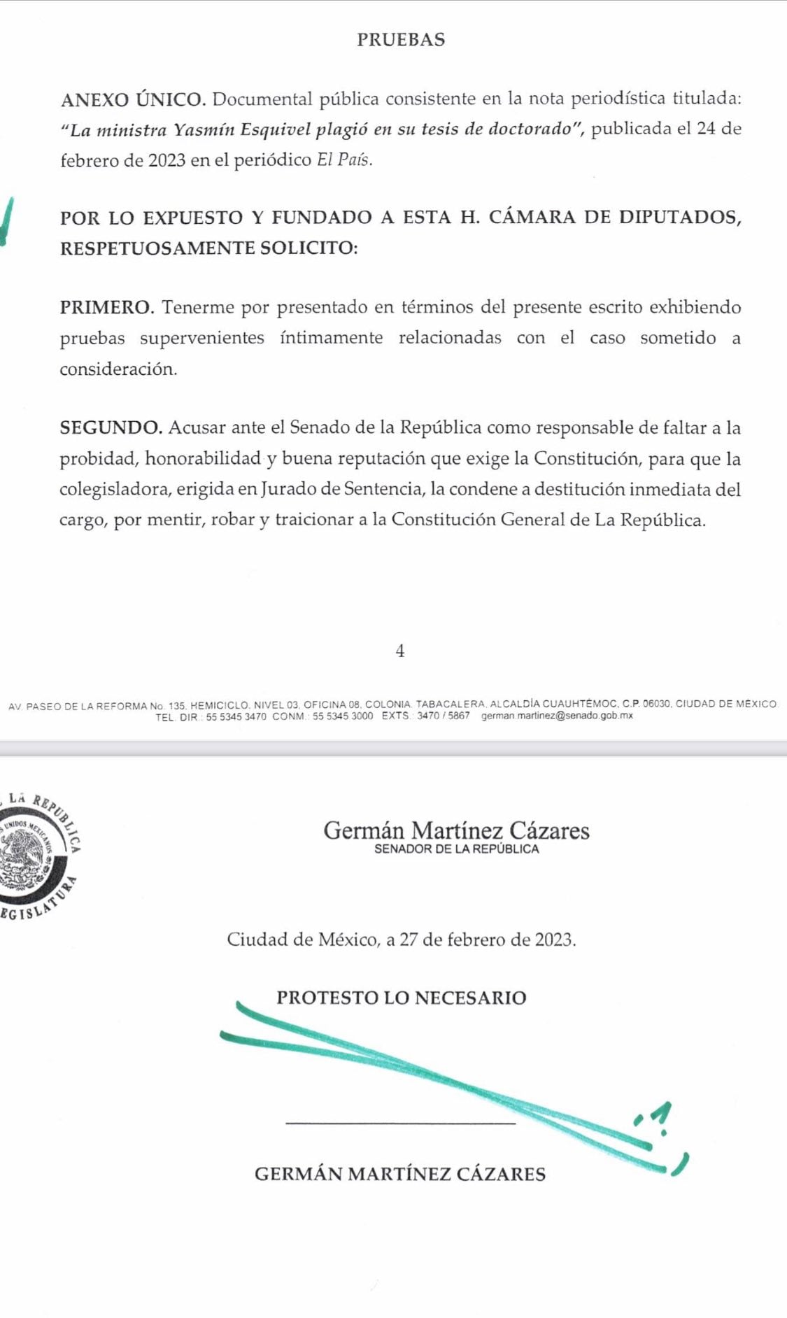 Presentan solicitud de juicio político en la Cámara de Diputados en contra de la ministra Yasmín Esquivel Mossa
