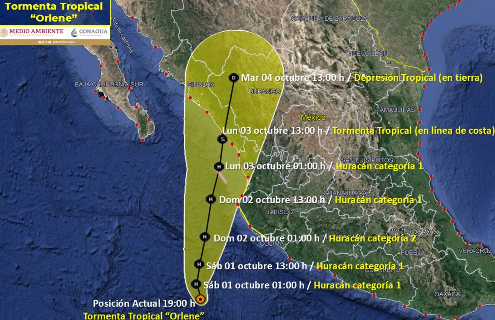La trayectoria de Orlene, de tormenta tropical a huracán categoría 2