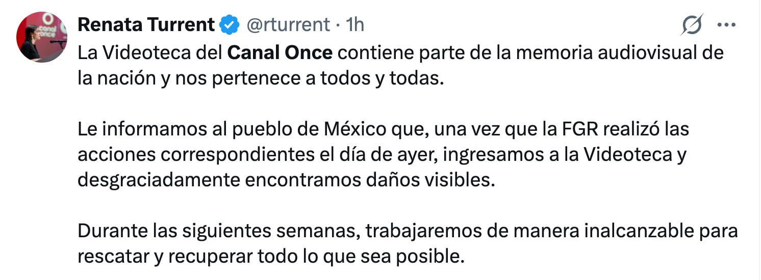 Renata Turrent anuncia investigación con la FGR por daños al acervo histórico de Canal Once