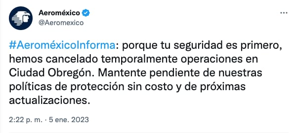 Aeroméxico suspende sus vuelos a Ciudad Obregón